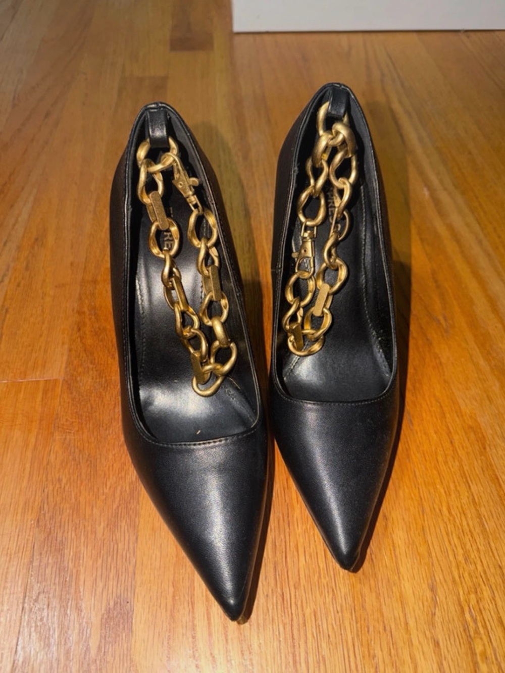 Express Black Pointed Toe Women’s Pumps with Gold Chain Accent